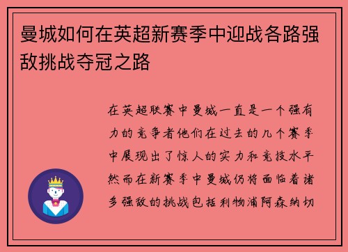 曼城如何在英超新赛季中迎战各路强敌挑战夺冠之路