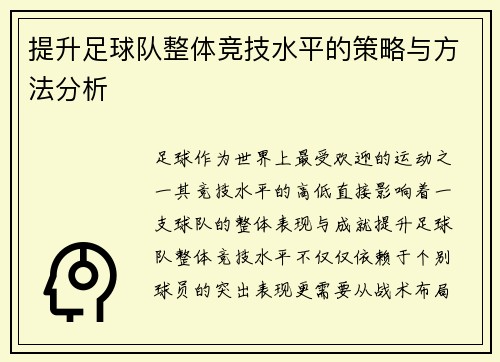 提升足球队整体竞技水平的策略与方法分析