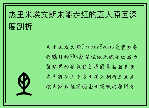 杰里米埃文斯未能走红的五大原因深度剖析